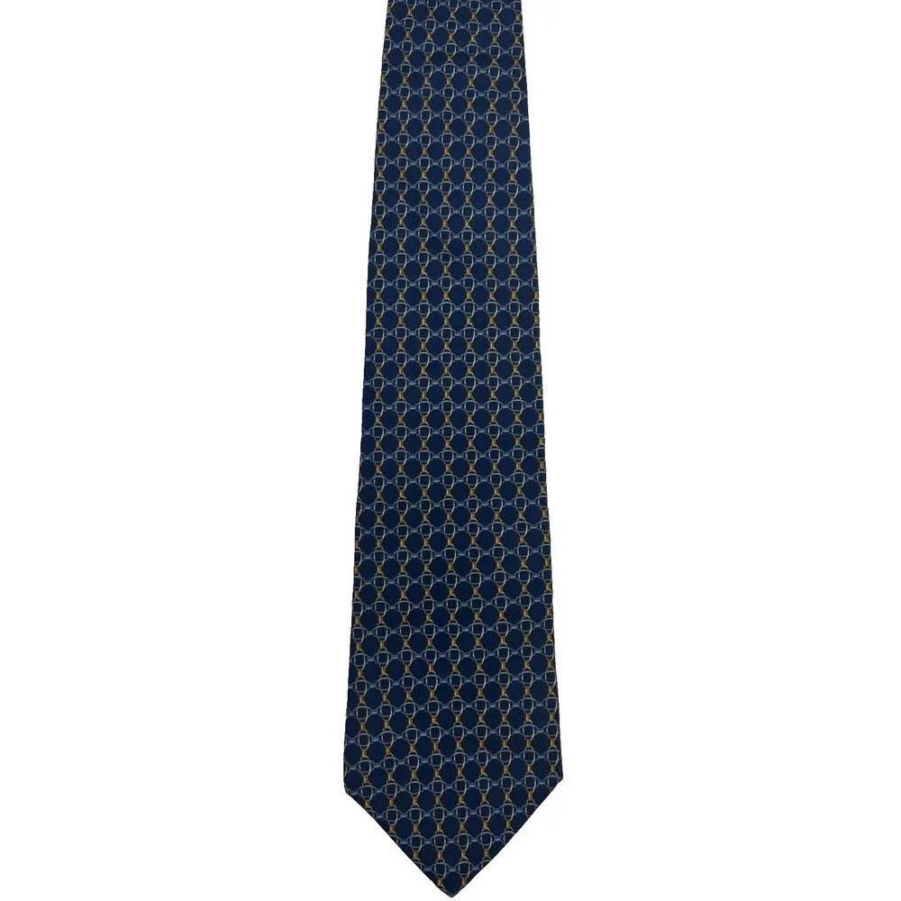 Brooks Brothers Makers Silk Tie Navy Blue Gold Horsebit Equestrian 57.25” x 3.75